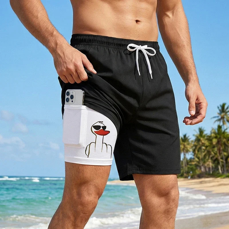 Men's Funny Duck Print Swim Shorts - Quick-Dry 2-in-1 Beach Board Shorts with Phone Pocket