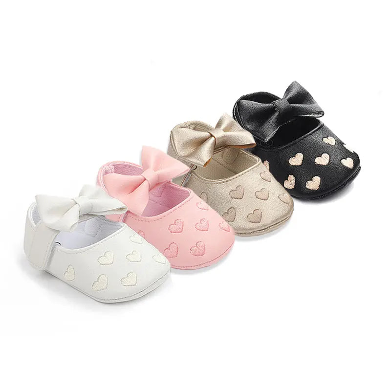 Baby Girls Bow-Knot Heart First Walker Shoes - Soft Anti-Slip Sole Dress Shoes for Infants 0-18M