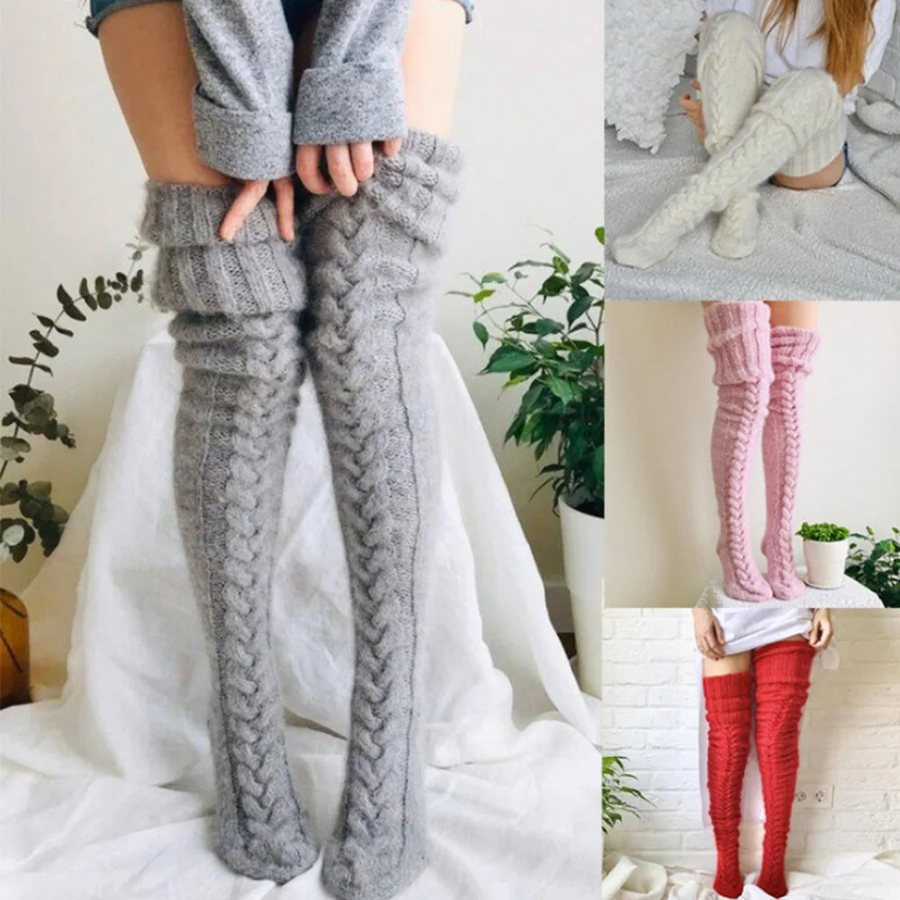 Women's Wool Foot Warmers: Fashionable Solid Color Thigh-High Stockings - Cute Autumn/Winter Lady Socks in Acrylic Fibers
