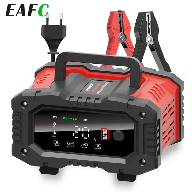 12V/24V Fully Automatic Smart Battery Charger — 7-Segment Pulse Repair for AGM, GEL, WET Lead-Acid Car Batteries