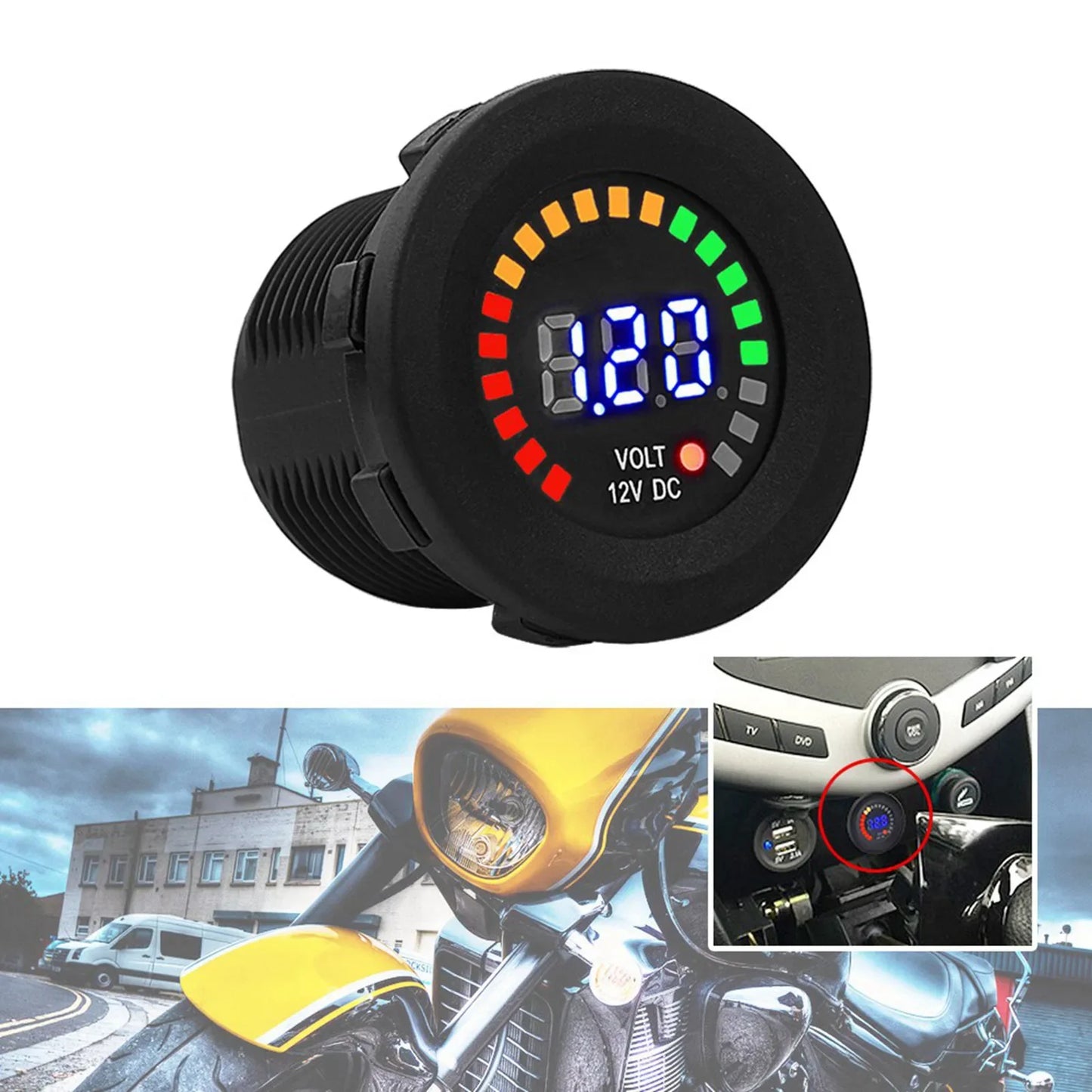 12V Motorcycle LED Digital Display Voltmeter Waterproof Voltage Gauge Meter for Motorbike Battery Monitoring Black Universal Use