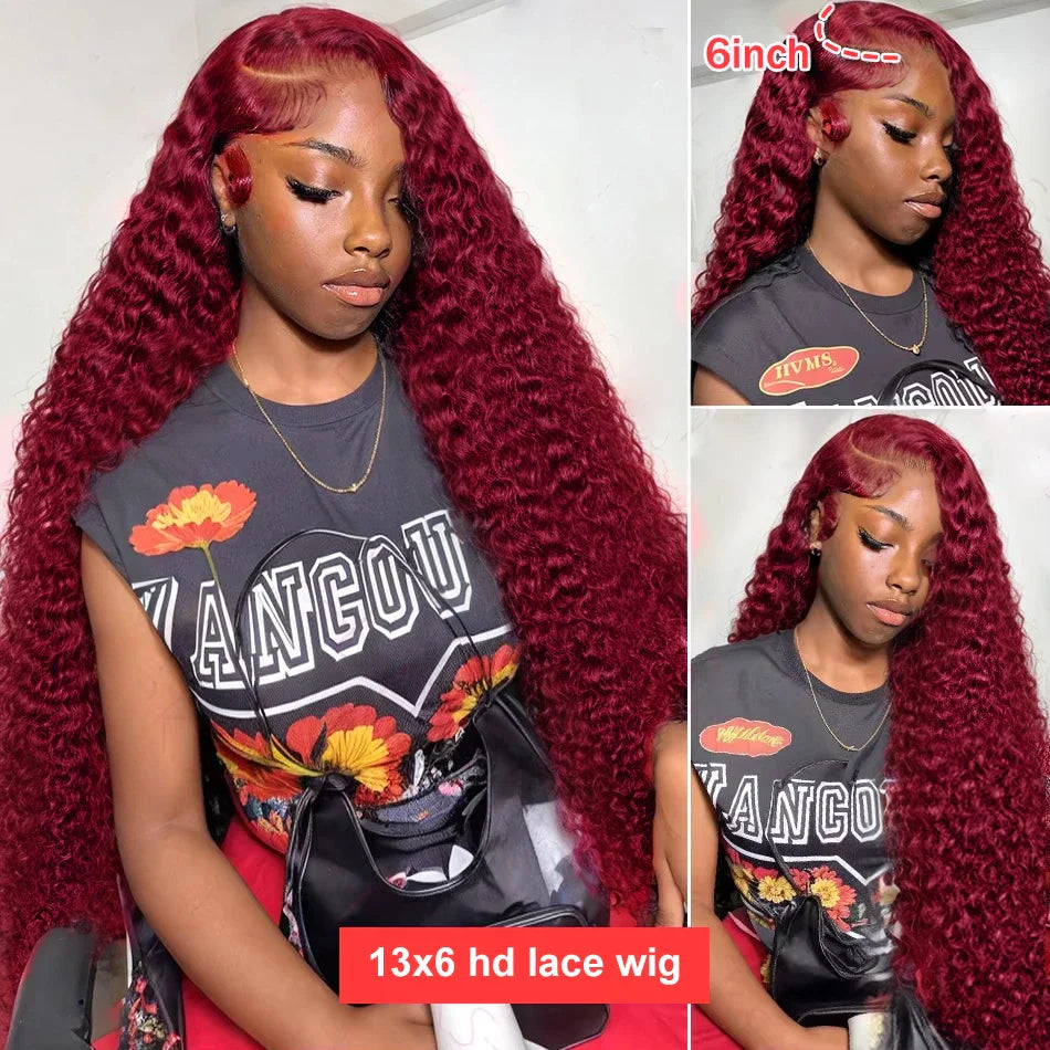 Deep Wave 99J Burgundy Lace Front Wig – 13x6 Lace Frontal Human Hair Wig, 13x4 Transparent Brazilian Colored Water Wave Wig