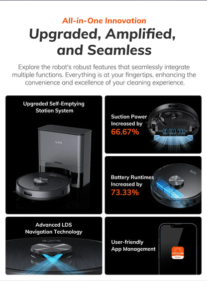ILIFE T20S LDS Robot Vacuum Cleaner – 5000Pa, Auto Empty Dock, 60-Day Hands-Off Cleaning, Wet/Dry Sweeping & Mopping