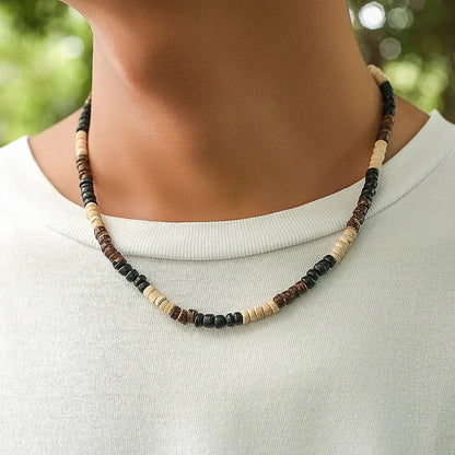 Men’s Summer Beach Wooden Bead Necklace – Handmade Tribal Surfer Jewelry with Geometric Steampunk Design