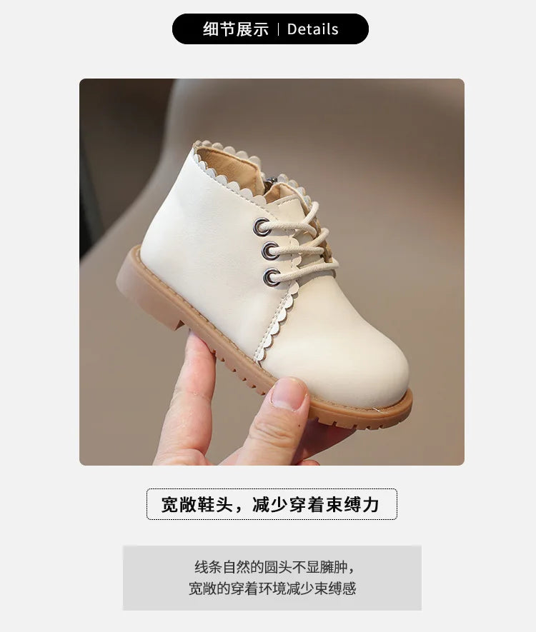 Girls’ Leather Ankle Boots 2024 — Spring & Autumn Lace-Up Side Zipper Rubber Boots, Sizes 21-30