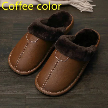 Men & Women Winter PU Leather Slippers — Black Waterproof Indoor Home Shoes, Warm Cozy House Slippers