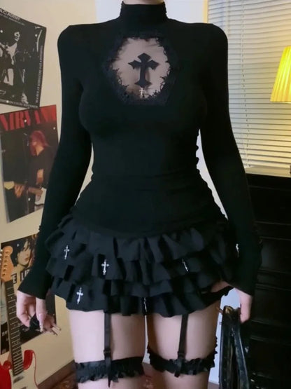Y2K Black Gothic Turtleneck Top – Hollow Cross Slim Long-Sleeve T-Shirt for Women