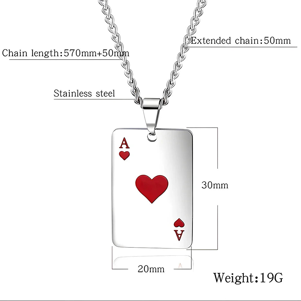Hip Hop Poker Card Necklace – Stainless Steel Ace of Spades & Hearts Pendant Chain for Men