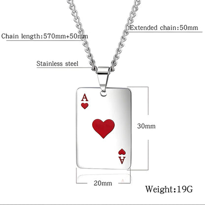 Hip Hop Poker Card Necklace – Stainless Steel Ace of Spades & Hearts Pendant Chain for Men