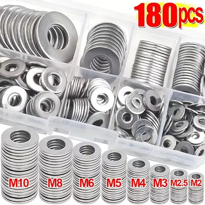 Stainless Steel Flat Washer Assortment Kit - M2 to M10 Washers for Home, DIY & Factory Repairs