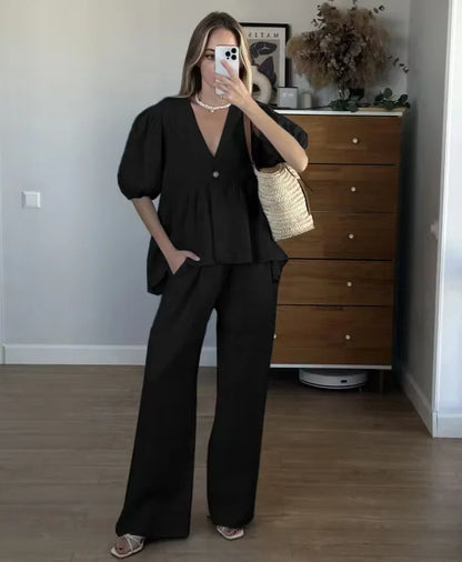 2025 Women’s Solid Color 2-Piece Set – V-Neck Bubble Sleeve Top & Long Pants Summer Casual Outfit Suit