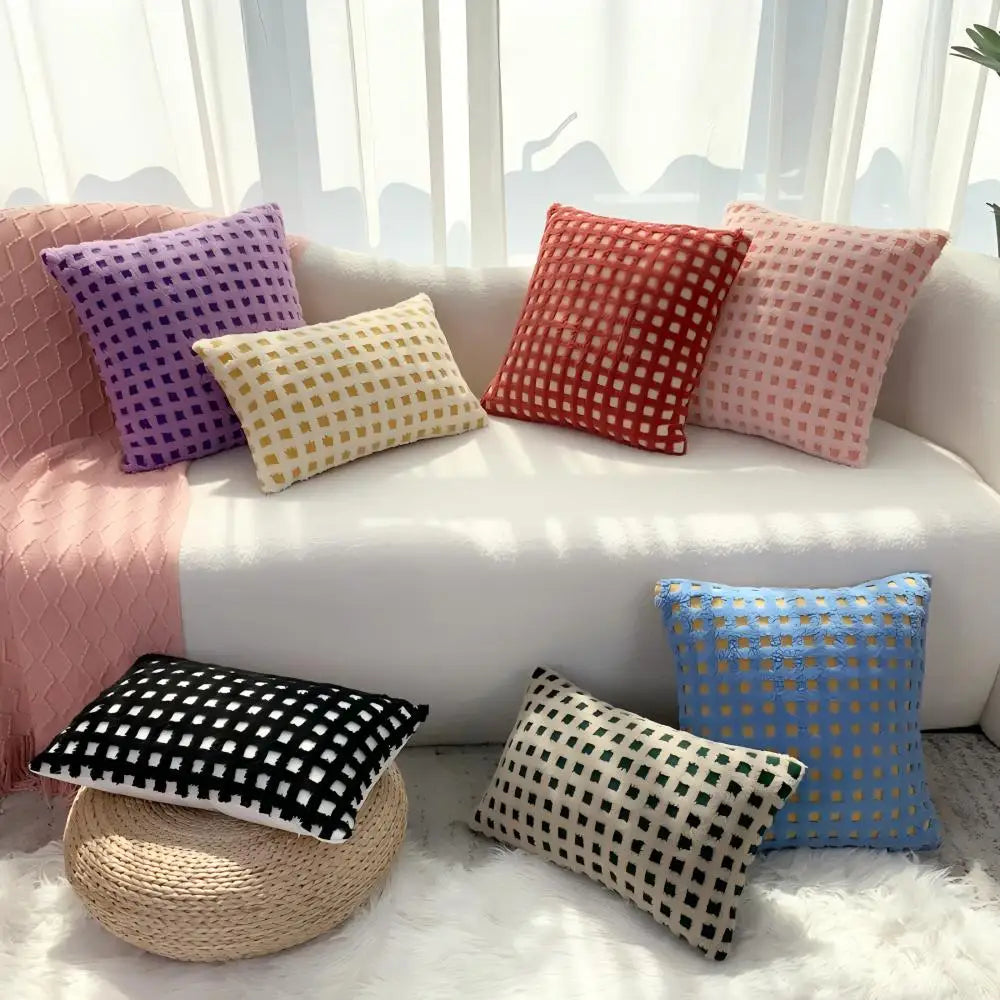 BUYNOW Plush Grid Pillowcase - Cute Decorative Sofa Cushion Cover for Living Room Home Decor