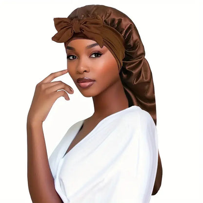Bowknot Braid Bonnet - Unscented Satin Sleep Cap with Elastic Band and Long Tie, Breathable Night Hair Bonnet for Women