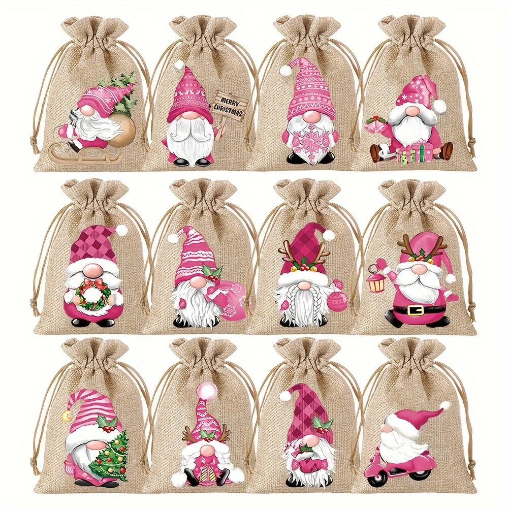 12PCS Christmas Linen Drawstring Gift Bags – 13×18cm Jewelry & Party Pouches with Random Patterns
