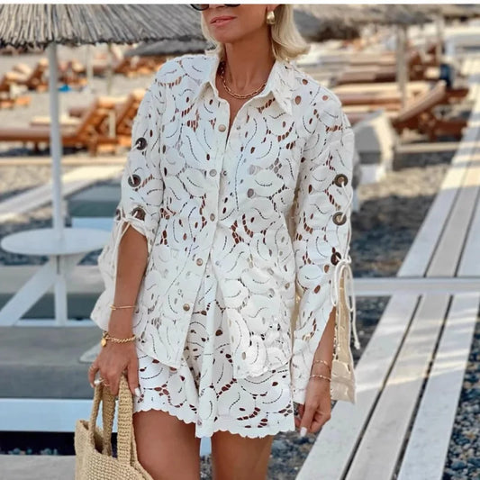 Women’s Hollow Out Lace Two-Piece Set – Solid Color Slit Lace-Up Long Sleeve Shirt & Shorts