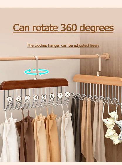 I KNOW 8-Hook Wood Clothes Hanger – High-Quality, Strong, Non-Slip Multi-Function Hanger for Caps, Belts & Household Use