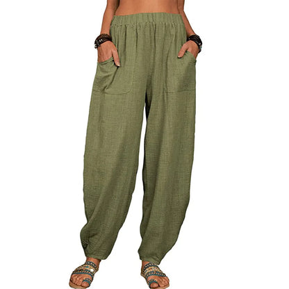 Women’s Casual Cotton Linen Harem Pants – Loose Fit Wide Leg Summer Lounge & Homewear Breathable Long Trousers LRFZ-922