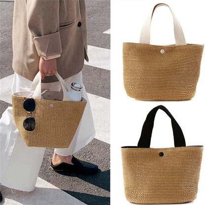 Women’s Bohemian Beach Straw Bag – Handmade Woven Rattan Bucket Shoulder & Crossbody Handbag