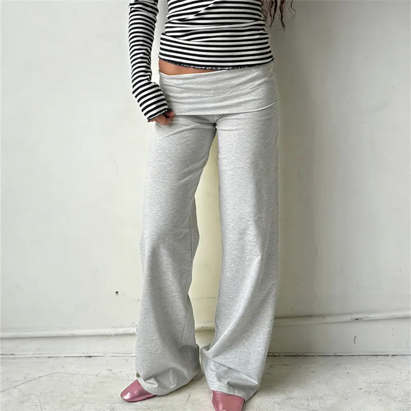 Women's Wide Leg Fold Over Pants - Solid Color Y2K Casual Streetwear Trousers