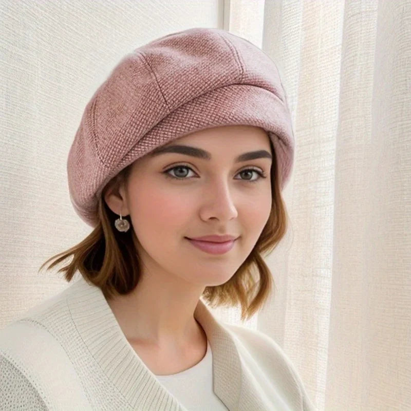 Women's Wool Beret Hat - Elegant Vintage Plaid Octagonal Style for Winter and Autumn Casual Wear