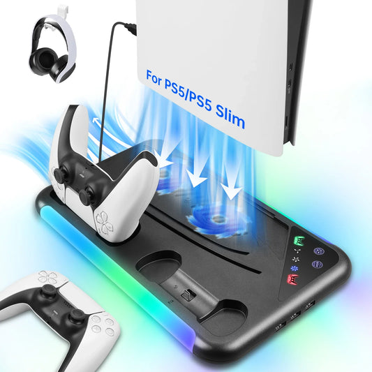 PS5 / PS5 Slim Cooling Stand with RGB LED Fan – 3-Level Adjustable Cooling Station for Disc & Digital Console Editions
