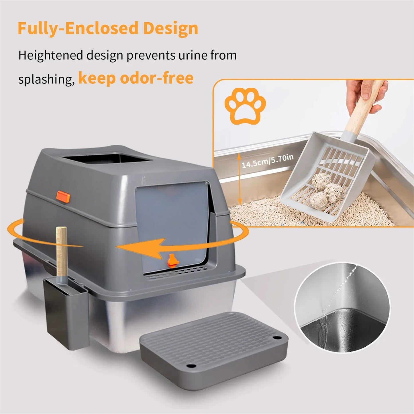 Extra Large Enclosed Stainless Steel Cat Litter Box with Lid – High Wall Metal Litter Pan for Big Cats