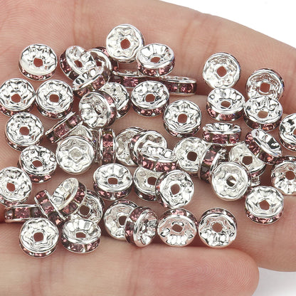 50PCS Rhinestone Spacer Beads Set – Multi-Color Crystal Rondelle Metal Beads for DIY Jewelry & Bracelet Making