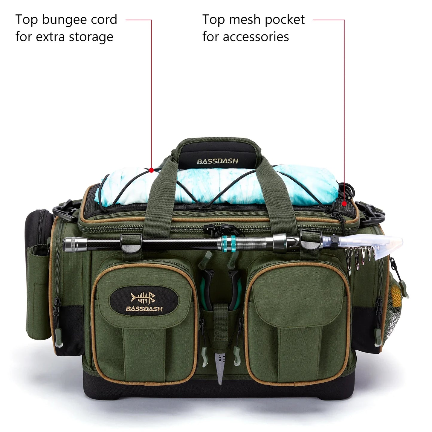BASSDASH Fishing Tackle Shoulder Bag – Water-Resistant, Lightweight Gear Storage Pack with Hard Molded Bottom and Rain Cover