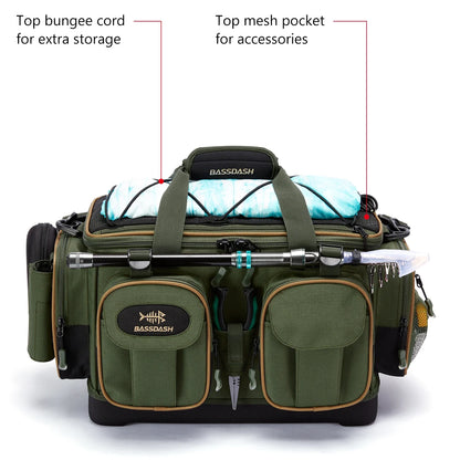 BASSDASH Fishing Tackle Shoulder Bag – Water-Resistant, Lightweight Gear Storage Pack with Hard Molded Bottom and Rain Cover