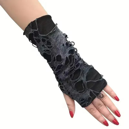 Unisex Gothic Fingerless Gloves – Tear Design Stretchy Punk Fashion Gloves for Party Wear, Durable & Stylish Street Accessories