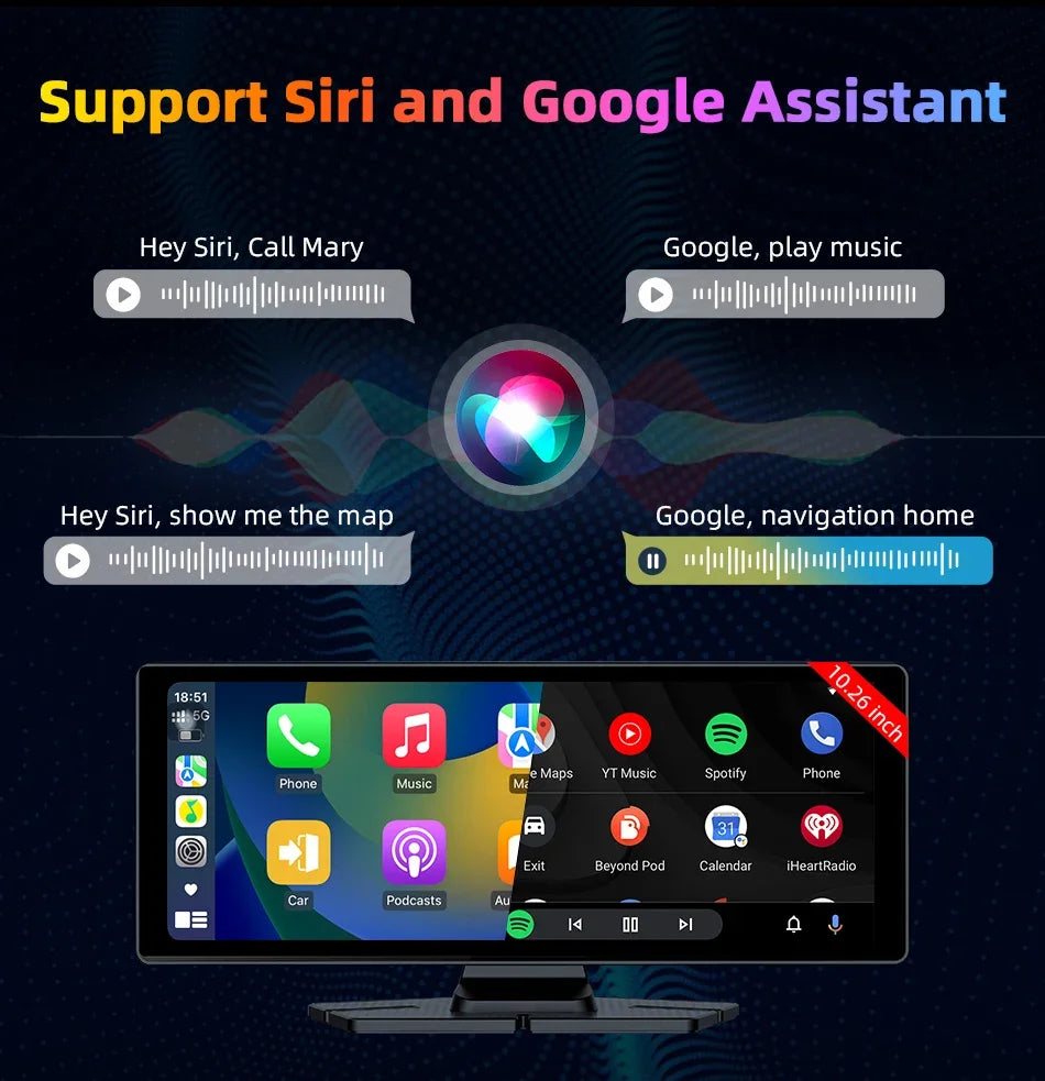 7"/10.26" 4K Dash Cam — Car DVR with Wireless CarPlay, Android Auto, 350° Rotating Lens, GPS & Bluetooth