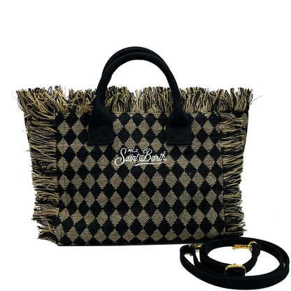 SAINT BARTH Houndstooth Crossbody Bag – Small Cotton Linen Handmade Tote with Tassels for Women