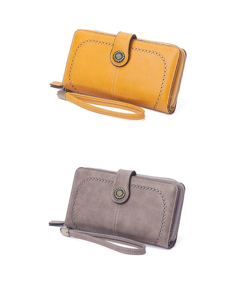 Vintage Large Capacity Women's Purse – Monochromatic Multi-Card Long Wallet with Zipper & Wrist Strap