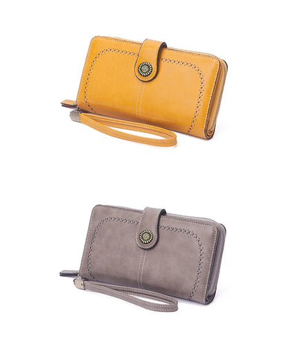 Vintage Large Capacity Women's Purse – Monochromatic Multi-Card Long Wallet with Zipper & Wrist Strap