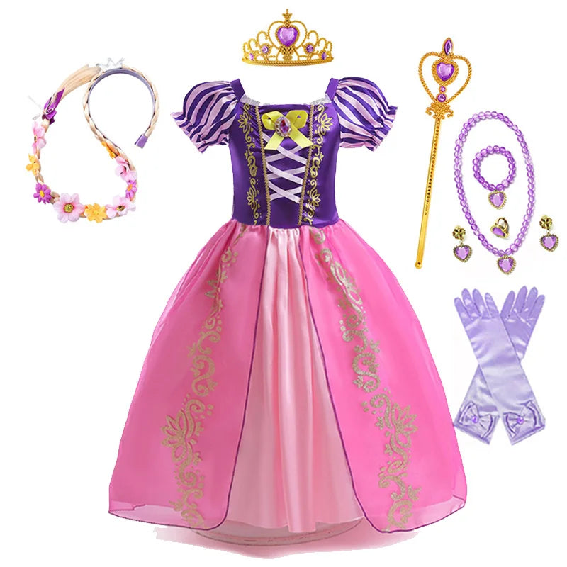 Disney Rapunzel Princess Dress - Purple Puff Sleeve Tangled Cosplay Costume for Girls, Halloween & Birthday Ball Gown