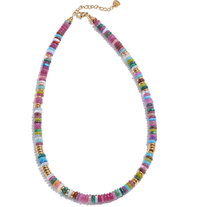 Yhpup Colorful Natural Stone Bead Necklace – Handmade Y2K Stainless Steel Waterproof Chain Jewelry for Women