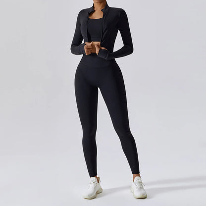 3PCS Women’s Yoga & Workout Set – Long Sleeve Zipper Top with High Waist Leggings Fitness Sportswear