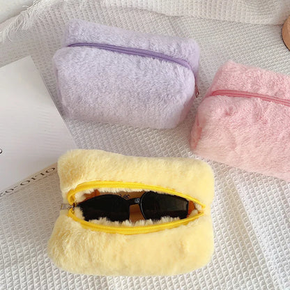 Solid Fur Cosmetic Storage Bag – Large Women’s Zipper Makeup Organizer Handbag, Stationery & Travel Toiletry Case