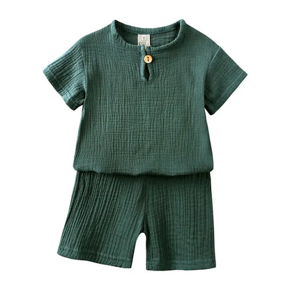 Cotton Linen Kids Summer Outfit – Solid Color Short Sleeve Tops & Shorts for Boys & Girls (Ages 2-7)