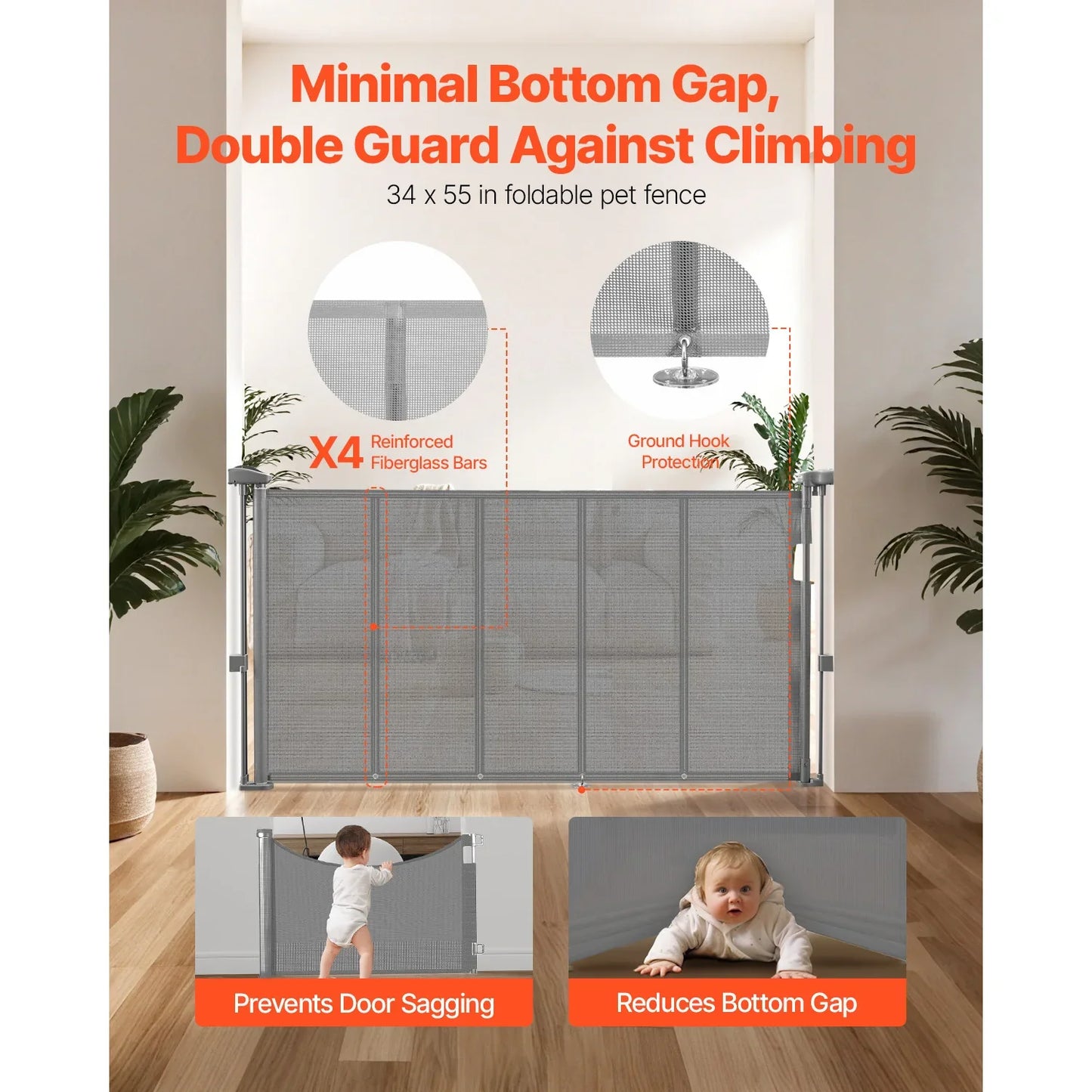 SucceBuy Retractable Baby Safety Gate 55/71/110 Inch – 34 Inch Tall Extendable Mesh Barrier for Kids & Pets, Easy Install Indoor Doorway Gate