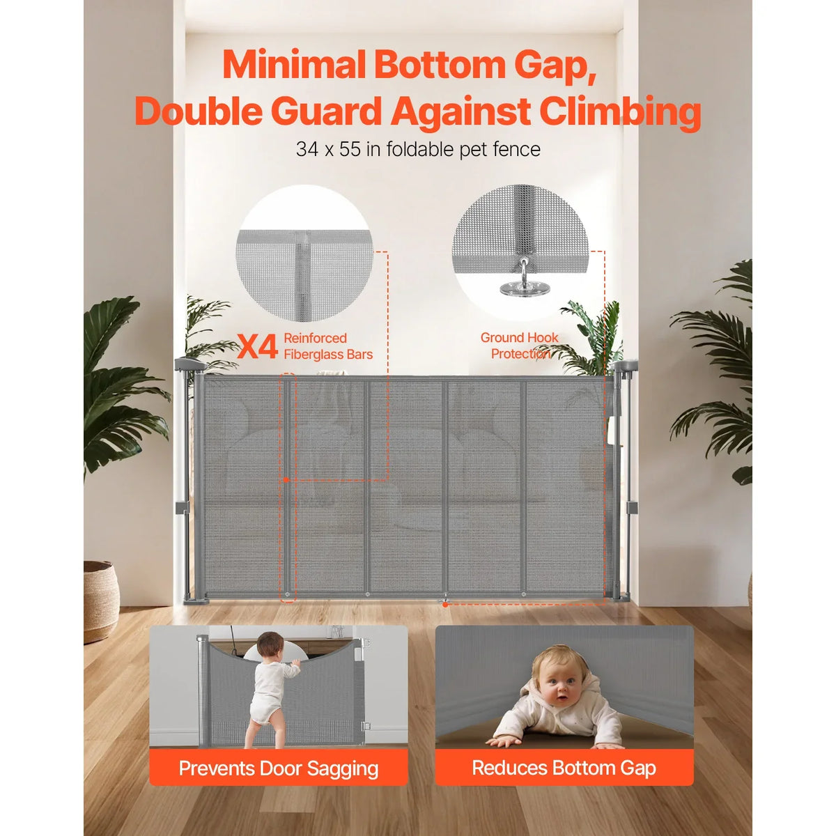 SucceBuy Retractable Baby Safety Gate 55/71/110 Inch – 34 Inch Tall Extendable Mesh Barrier for Kids & Pets, Easy Install Indoor Doorway Gate