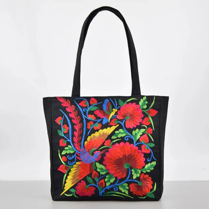 Ethnic Style Flower Embroidery Canvas Tote - Large Capacity Shoulder Bag Handbag for Women