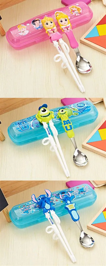 Disney Kids Tableware Set — Lightning McQueen, Mickey, Minnie, Stitch & Princess Elsa Training Chopsticks and Spoons