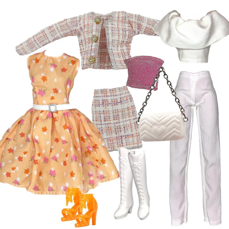 Elegant 1/6 Doll Outfit – Pink Houndstooth Dress, Hat, Gold Belt, Handbag & Shoes Set