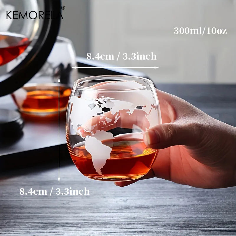 900ML Globe Whiskey Decanter Set – Lead-Free Carafe with Wood Stand & 2 Glasses