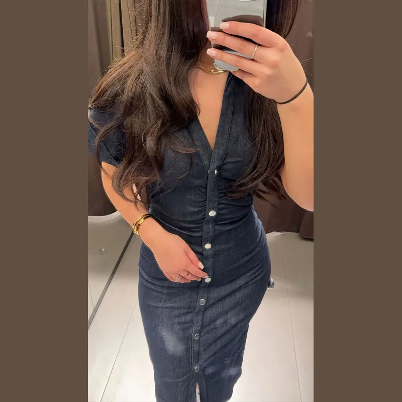 Elegant Pleated Denim Dress for Women – 2025 Chic Slim Fit Lapel Vestido with Short Sleeves & Single-Breasted Design
