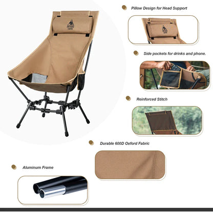 OneTigris Folding Camping Chair – Outdoor High Back Chair for Fishing, Trekking, BBQ, Beach & Gardening