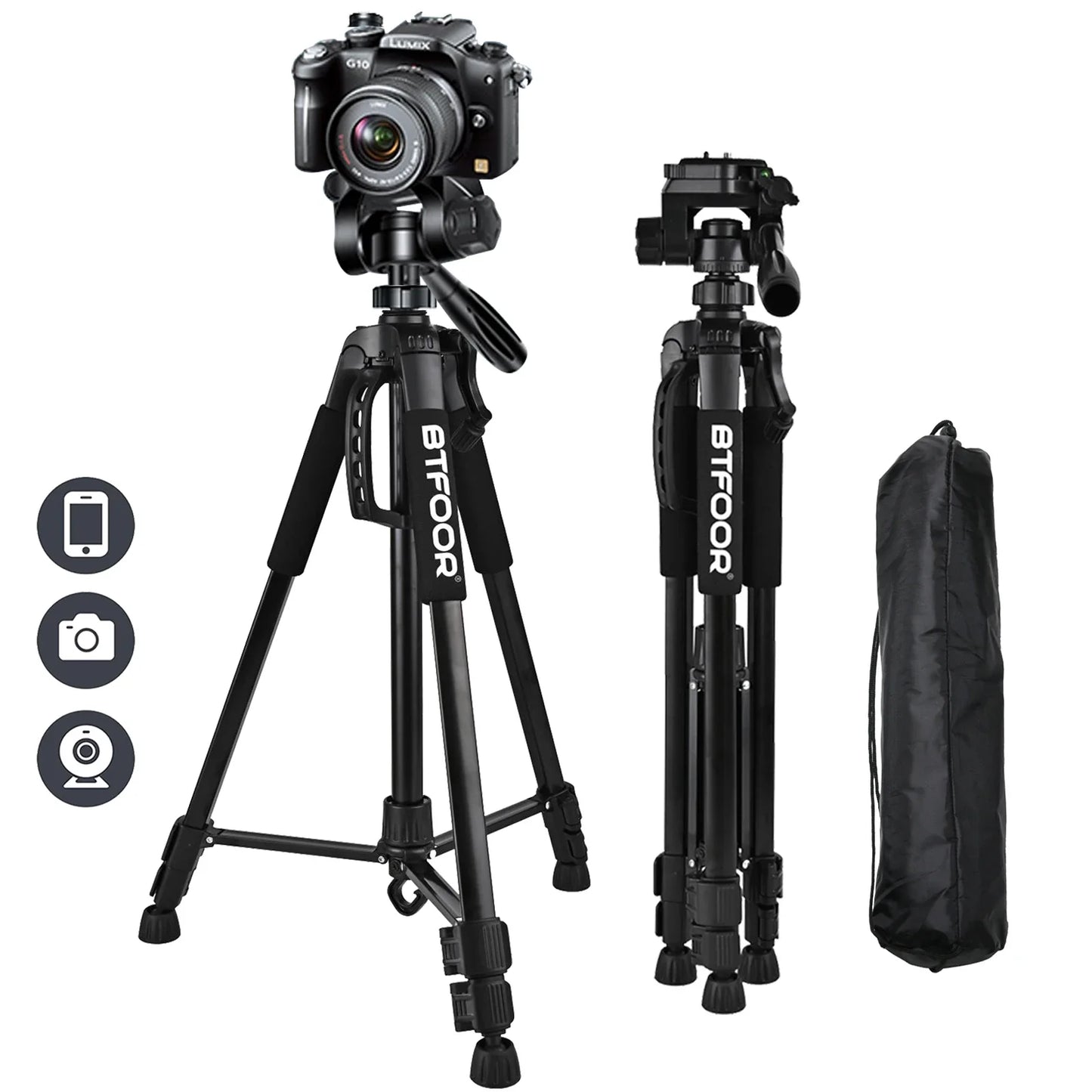 55" Aluminum Phone & Camera Tripod — Travel Self-Stand with Quick Plate Mount & Pan Head for Canon, Nikon DSLR & SLR Cameras