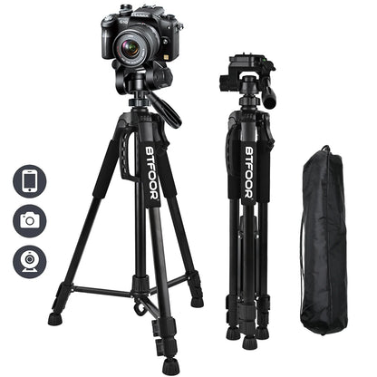 55" Aluminum Phone & Camera Tripod — Travel Self-Stand with Quick Plate Mount & Pan Head for Canon, Nikon DSLR & SLR Cameras