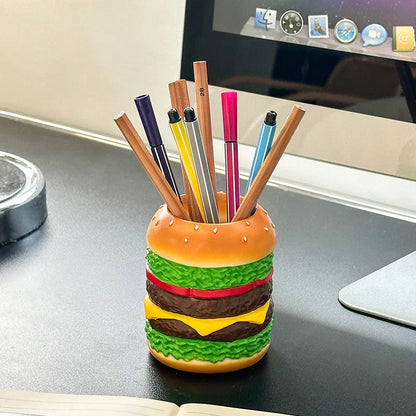 Miniso Cute Burger Pen Holder — Fun Desktop Organizer for Pens, Bedroom Desk Decoration, and Gift for Friends